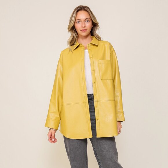 LUMIERE Mustard Faux Leather Shacket, Oversized Button Down Jacket Top - Picture 6 of 7